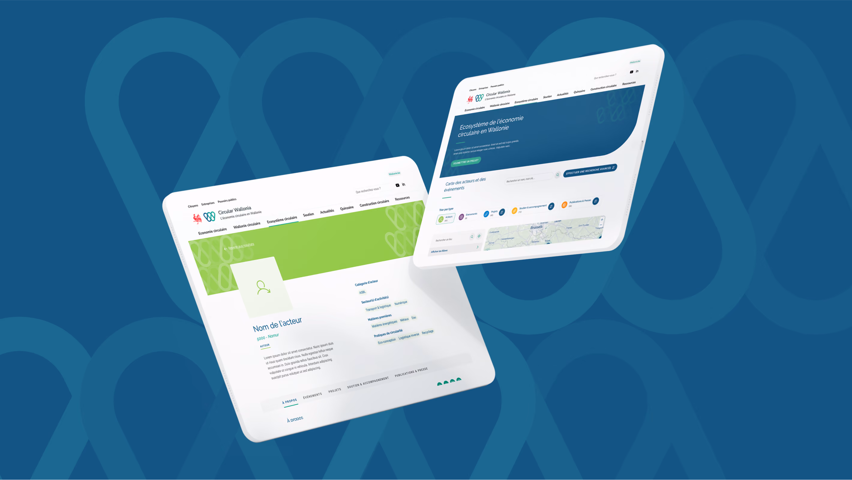 Tablette et smartphone affichant l'interface de Circular Wallonia sur fond bleu