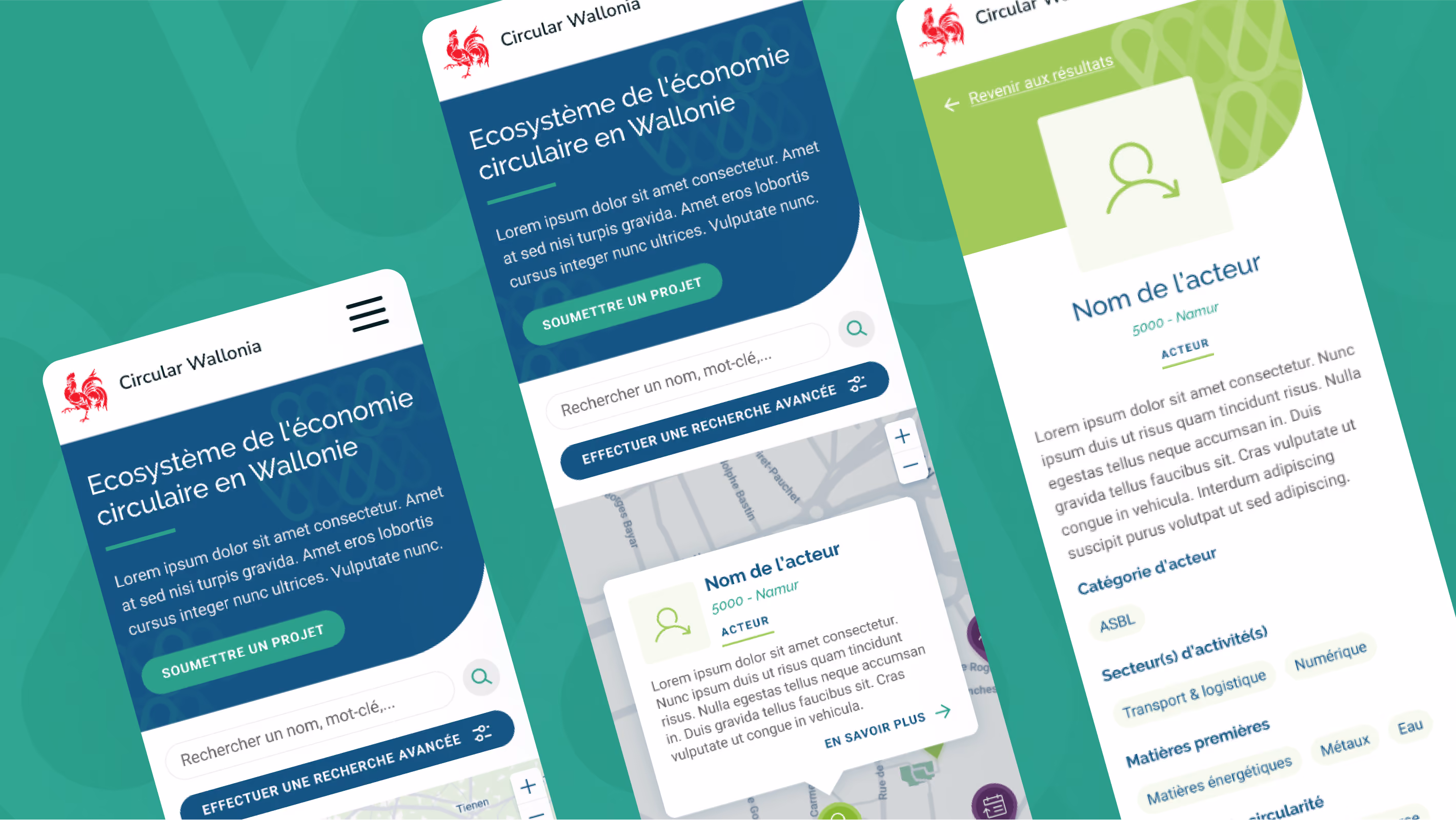 Écrans mobiles de Circular Wallonia : accueil, carte et fiche d'un acteur