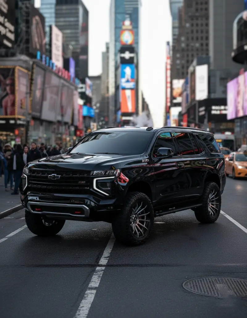 Black luxury SUV on a Manhattan avenue