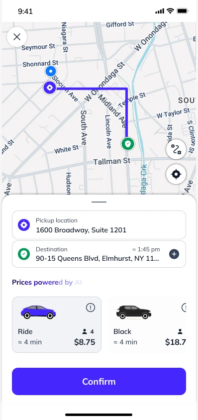 Paxxy app: choose a service with the route on the map and upfront prices