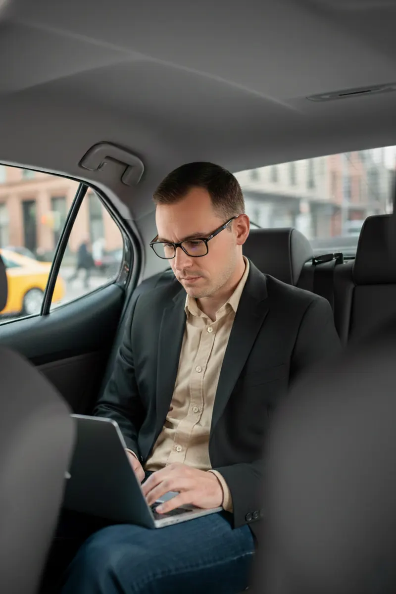 Business traveler working on a laptop in the back of a black car