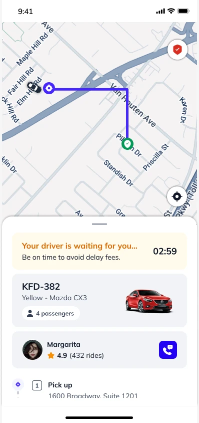 Paxxy app: your driver is waiting, with plate, car and driver rating