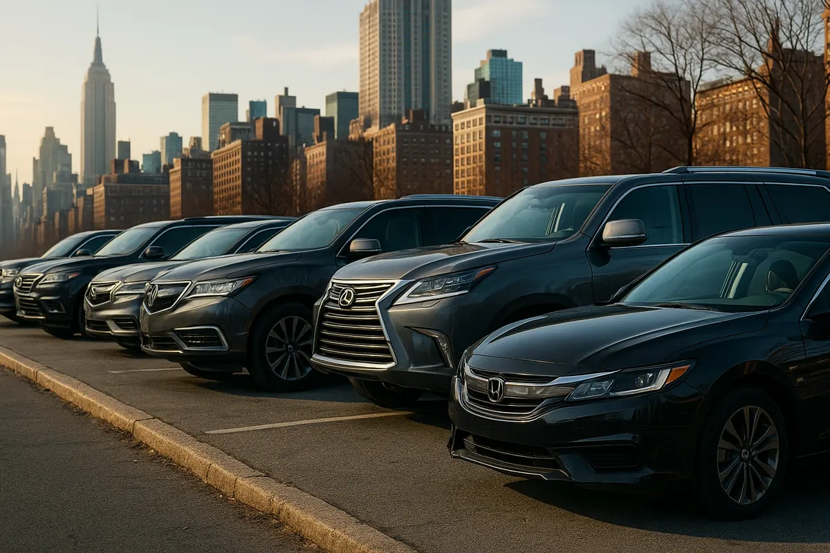 Row of Paxxy vehicles parked with the New York skyline behind