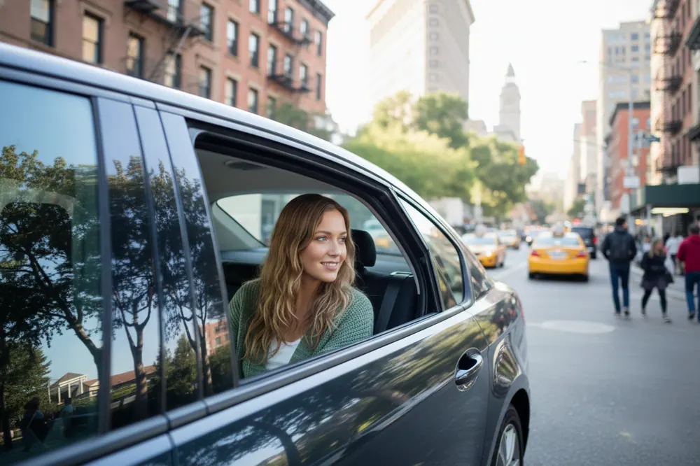 Rider smiling from the window of an eco-friendly car