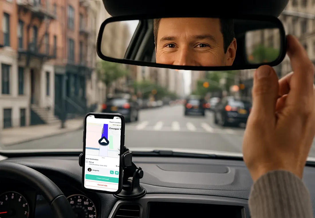 Paxxy driver adjusting the mirror with the Paxxy Driver app on a dashboard phone
