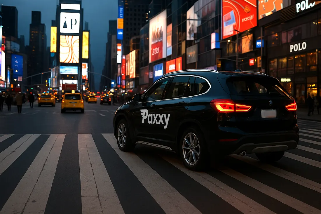 Paxxy branded car crossing a New York street at night