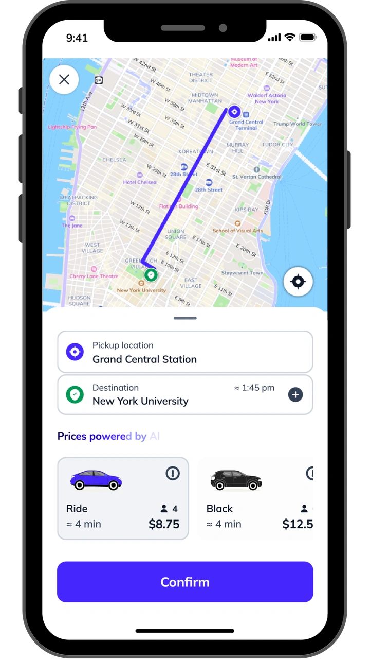 Paxxy mobile app interface showing affordable ride options in NYC Paxxy mobile app interface showing affordable ride options in NYC