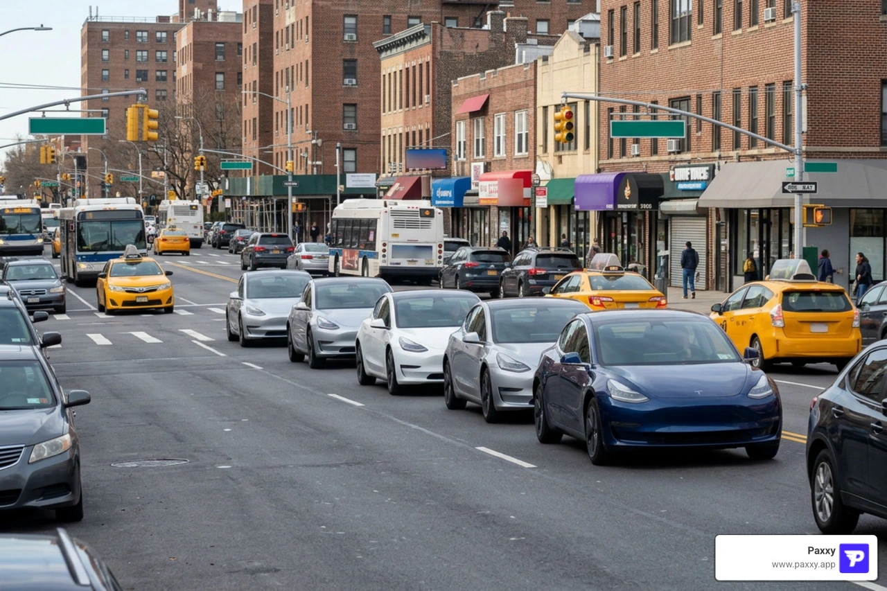 modern electric vehicle fleet navigating a busy Queens street near Forest Hills modern electric vehicle fleet navigating a busy Queens street near Forest Hills