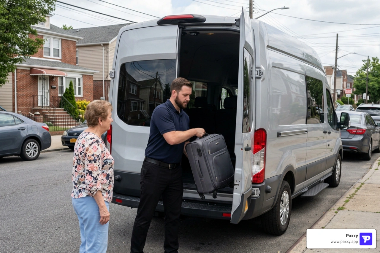 A professional driver assisting a passenger with luggage next to a clean private shuttle van in Queens, NY A professional driver assisting a passenger with luggage next to a clean private shuttle van in Queens, NY