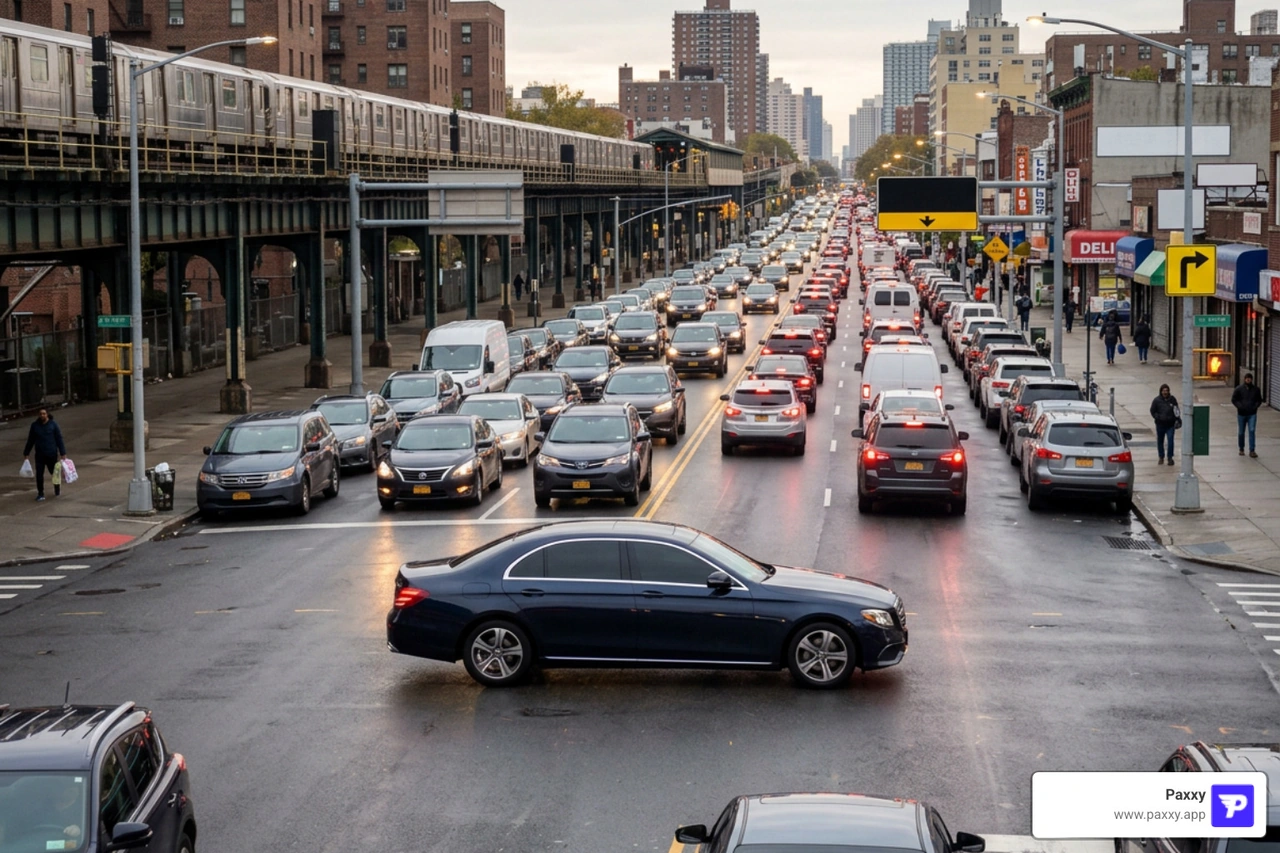 Executive sedan navigating Queens Boulevard during rush hour Executive sedan navigating Queens Boulevard during rush hour