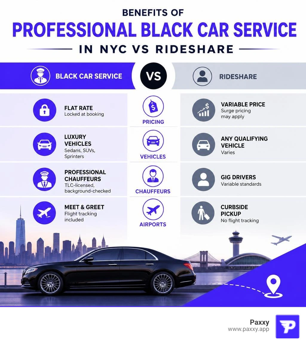 Benefits of professional black car service in NYC vs rideshare: pricing, vehicles, chauffeurs, airports infographic Benefits of professional black car service in NYC vs rideshare: pricing, vehicles, chauffeurs, airports infographic