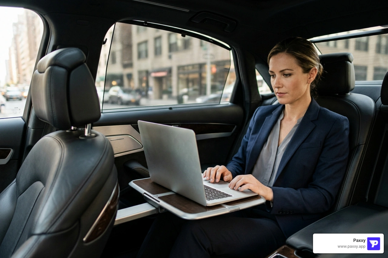 executive passenger working on a laptop in the backseat of a luxury vehicle executive passenger working on a laptop in the backseat of a luxury vehicle