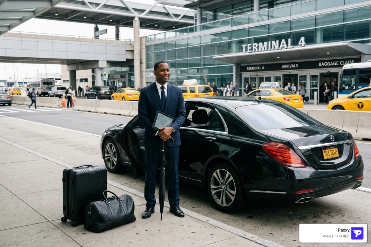 professional chauffeur waiting at a JFK Airport terminal professional chauffeur waiting at a JFK Airport terminal