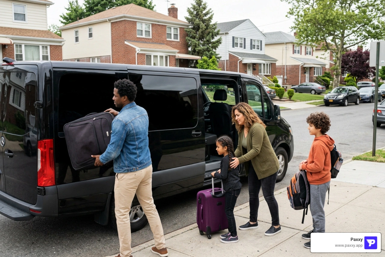NYC family loading luggage into a Paxxy premium private shuttle outside a Queens home NYC family loading luggage into a Paxxy premium private shuttle outside a Queens home