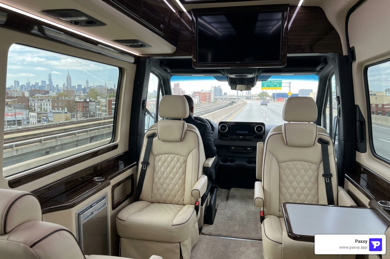 Inside of a clean luxury executive van driving through Queens toward JFK Inside of a clean luxury executive van driving through Queens toward JFK