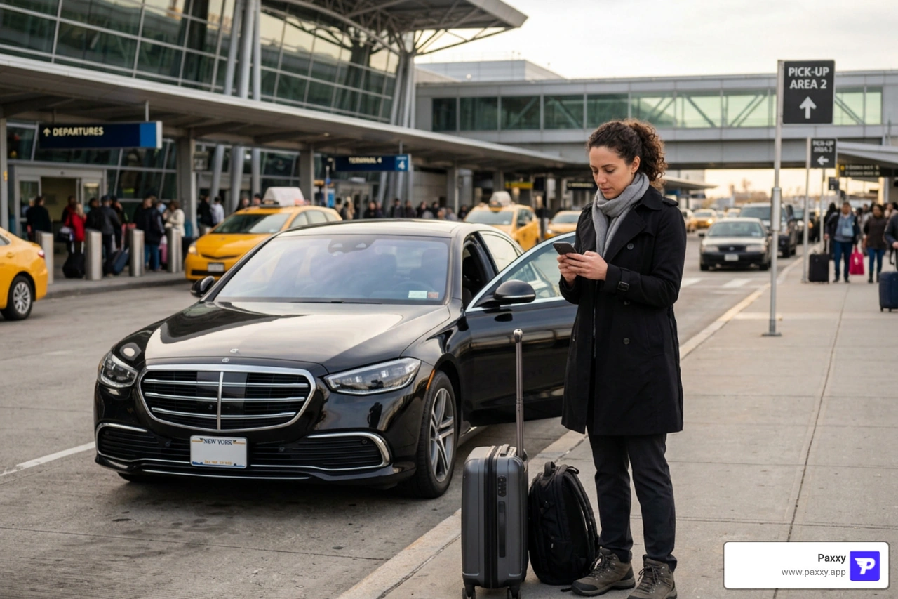 passenger booking a premium ride on their phone outside JFK Airport Queens passenger booking a premium ride on their phone outside JFK Airport Queens