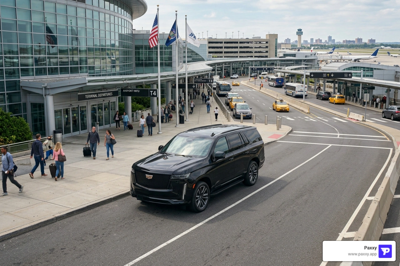 premium black SUV parked near JFK Airport terminal in Queens New York premium black SUV parked near JFK Airport terminal in Queens New York