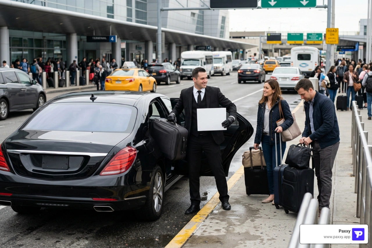 professional chauffeur waiting at JFK terminal airport private black car professional chauffeur waiting at JFK terminal airport private black car