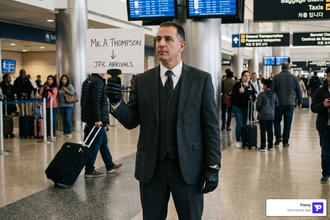 professional driver holding name sign at JFK arrivals hall NYC professional driver holding name sign at JFK arrivals hall NYC