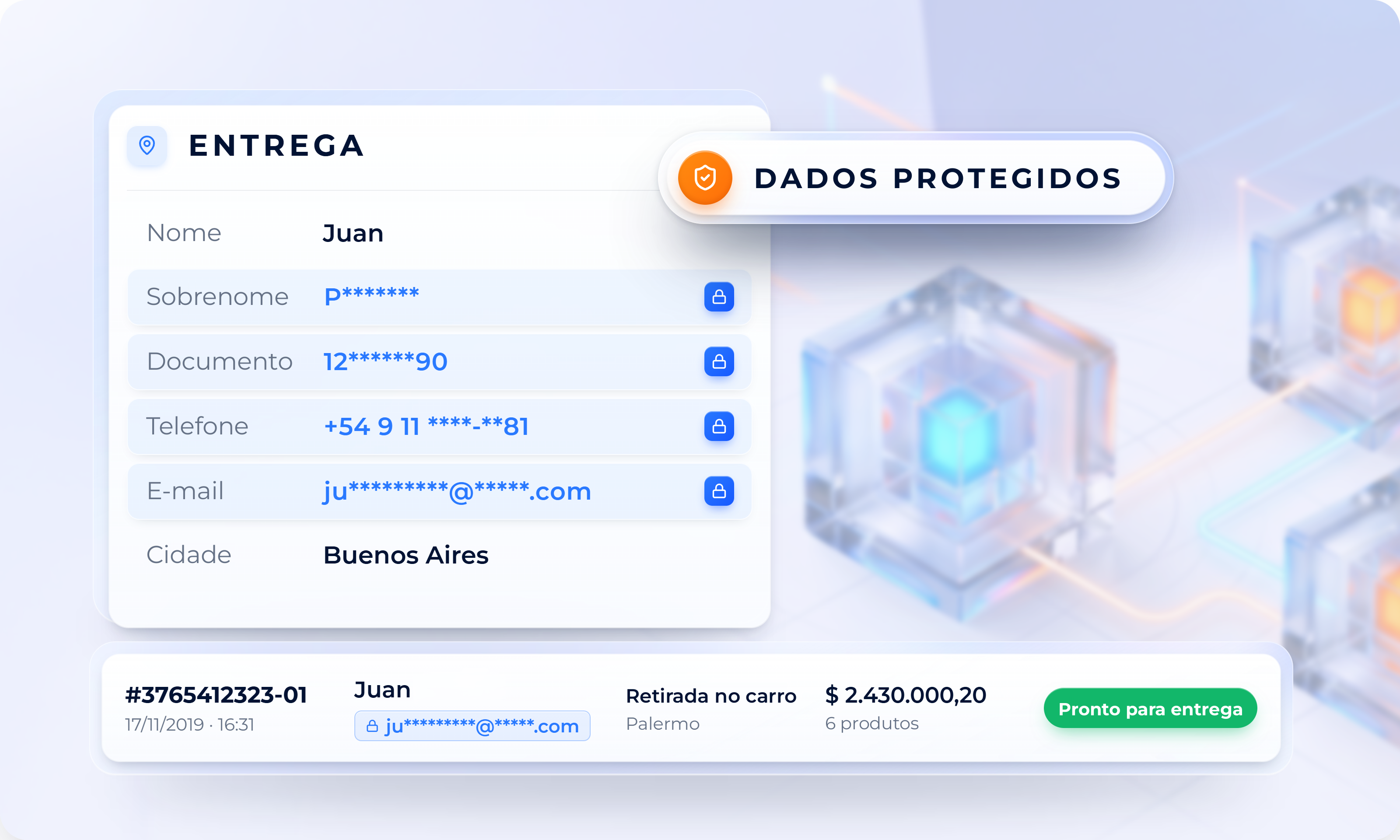 Detalhe de entrega com sobrenome, ID, telefone e e-mail ocultos (dados fictícios)