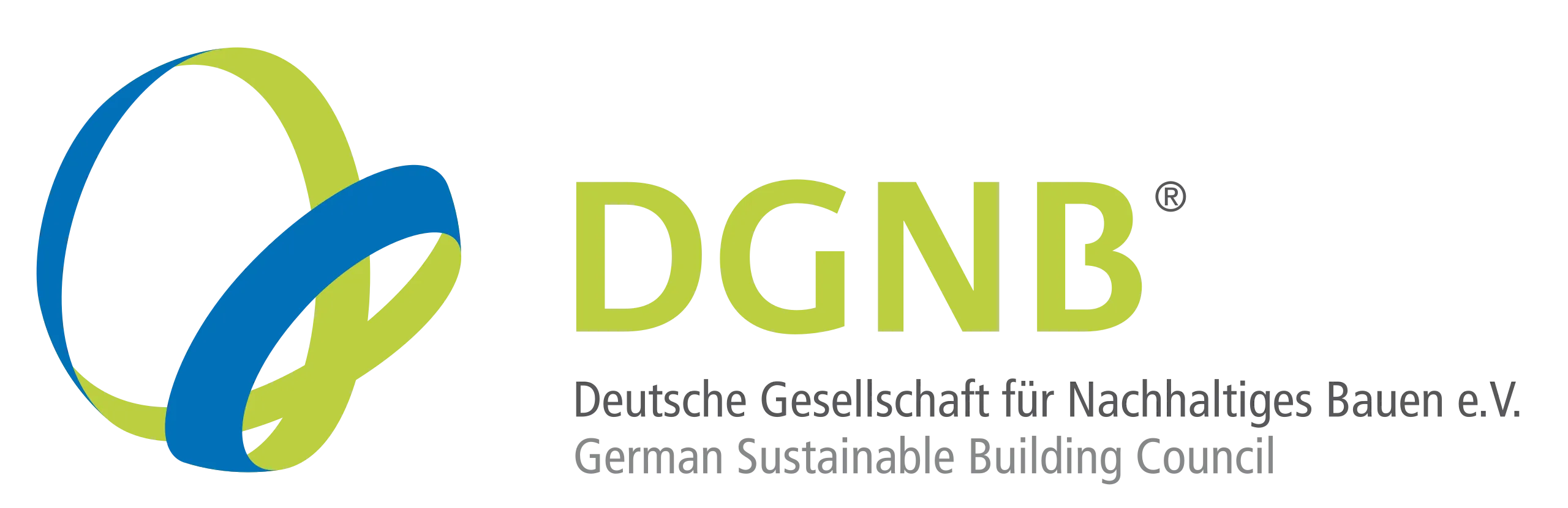 Logo der Deutschen Gesellschaft für Nachhaltiges Bauen e.V. mit dem Schriftzug DGNB und deutschen sowie englischen Text.