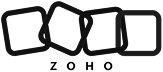 Logo with four interconnected rounded squares, spelling ZOHO below in a simple font.