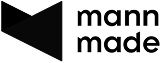 Black left-pointing triangle next to stacked text reading 'mann made' in lowercase.