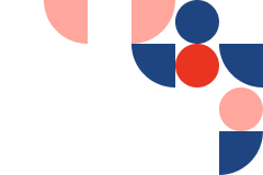 Abstract geometric pattern of overlapping circles, semicircles, and squares in blue, red, pink, and white.