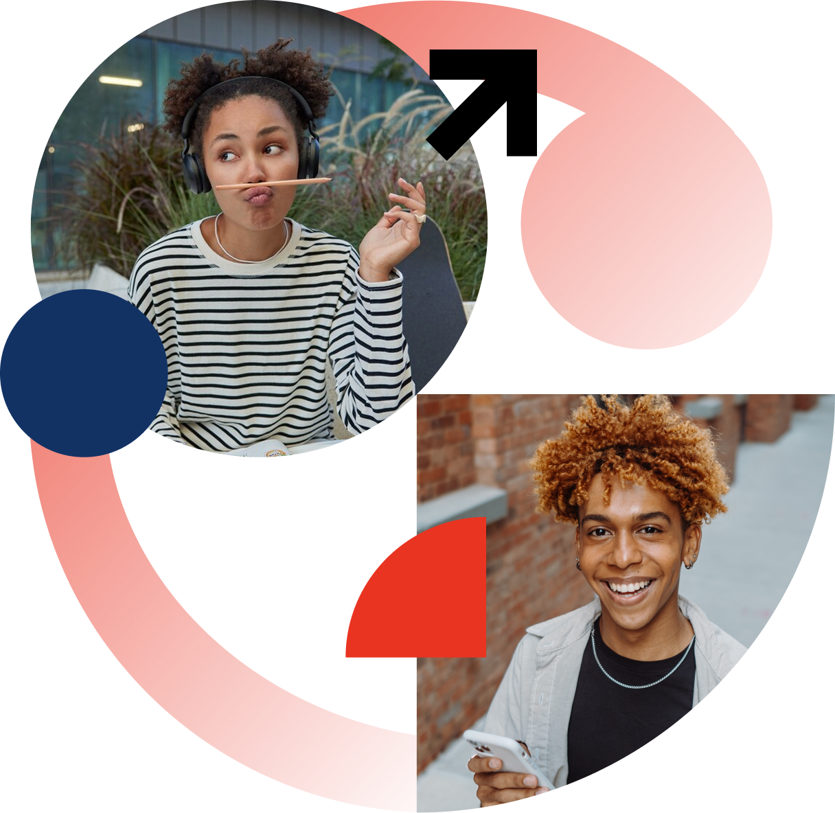 Two young people: one playfully balancing a pencil on her lips with headphones, the other smiling holding a phone.