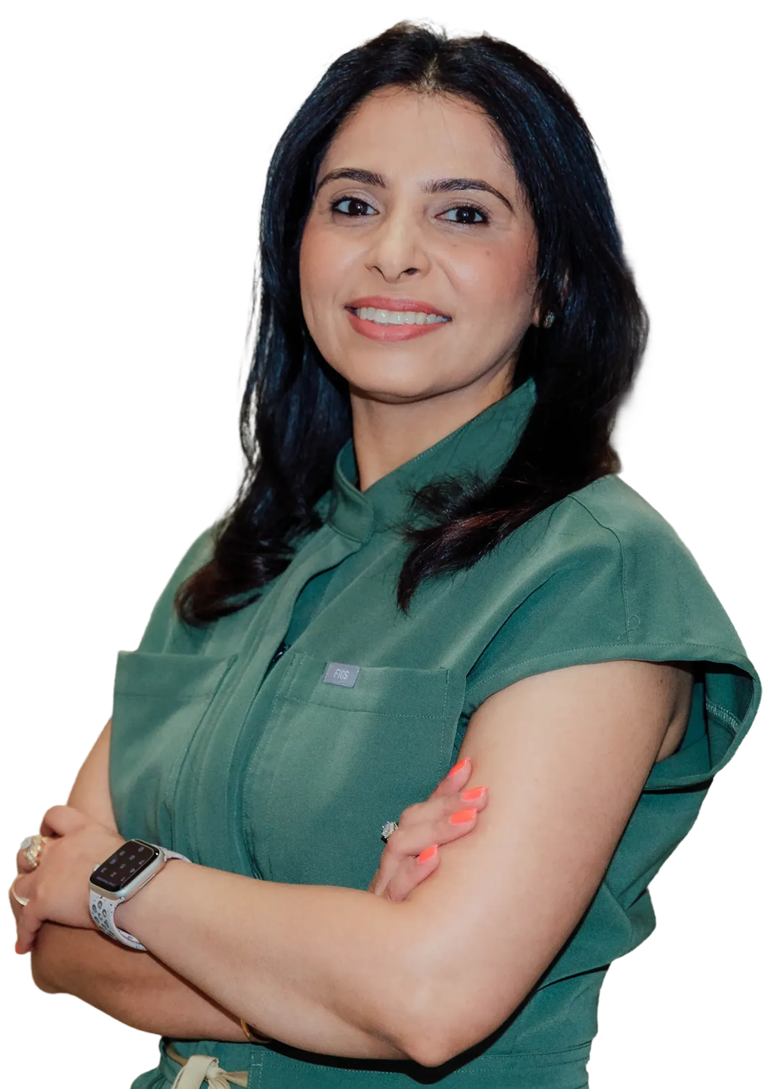 Smiling woman with black hair wearing a green short-sleeve jacket and a smartwatch, arms crossed. 