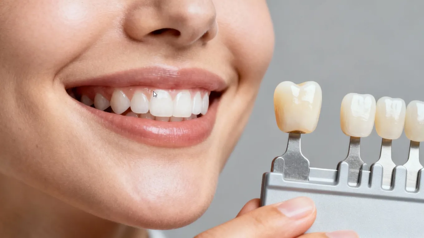 Close-up of a smiling woman showing white teeth next to a dental shade guide with tooth-colored veneers.