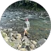 Child in a gray shirt and cap playing near water with rocks along the shore.