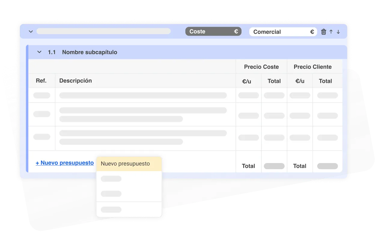 Interfaz de software de presupuesto con columnas para referencia, descripción, precio de coste y precio cliente, y opción para añadir nuevo presupuesto.
