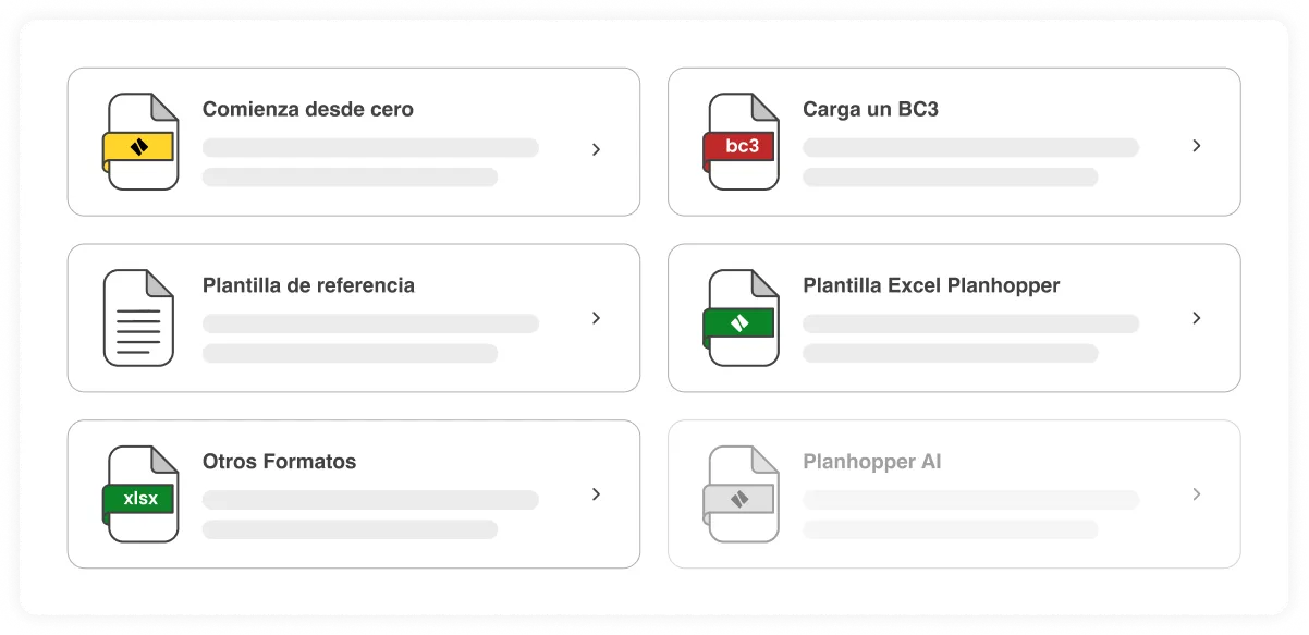 Seis opciones de documentos con iconos de archivo y etiquetas de colores: Comienza desde cero, Carga un BC3, Plantilla de referencia, Plantilla Excel Planhopper, Otros Formatos y Planhopper AI deshabilitado.