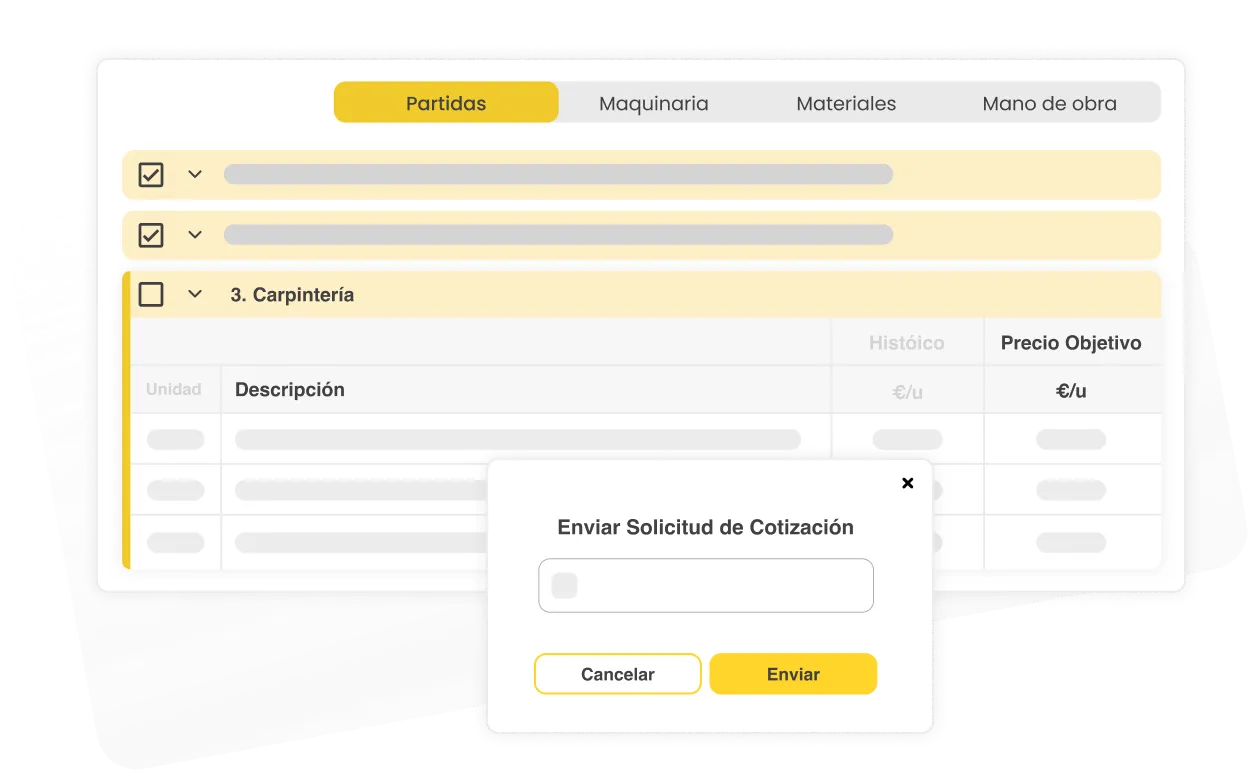 Interfaz de usuario de software de gestión de proyectos con pestañas para Partidas, Maquinaria, Materiales y Mano de obra, mostrando detalle de Carpintería y ventana emergente para enviar solicitud de cotización con botones Cancelar y Enviar.