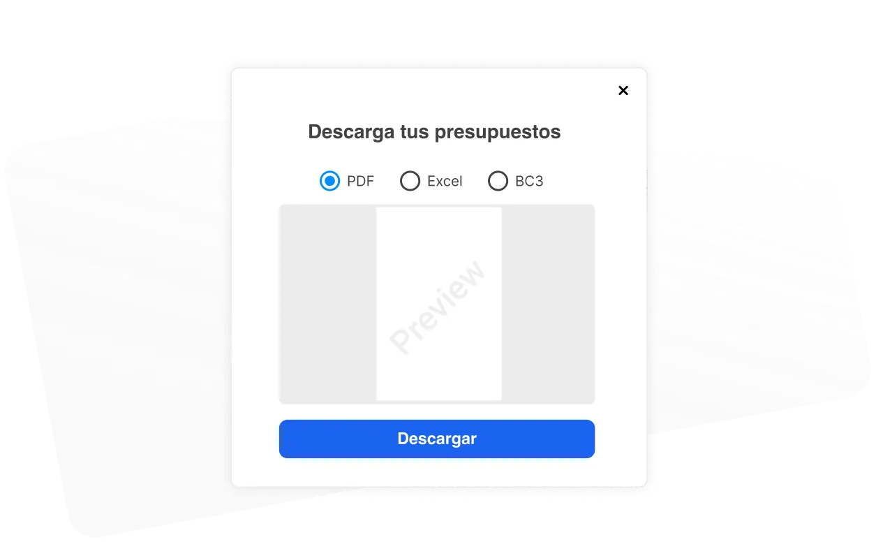Cuadro de diálogo para descargar presupuestos con opciones para PDF, Excel o BC3, vista previa y botón azul de descargar.
