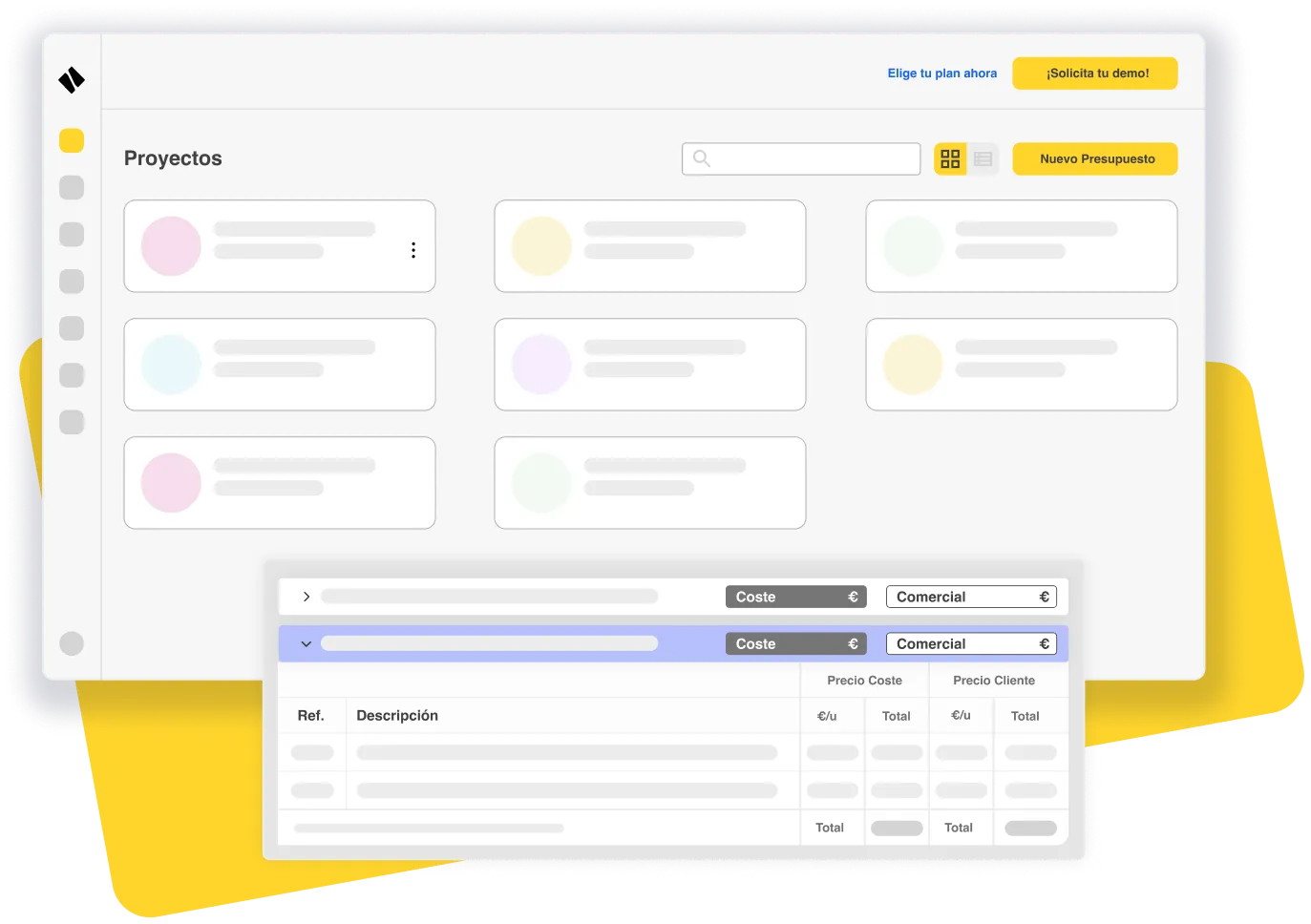 Interfaz de software de gestión de proyectos en español con lista de proyectos, botones para nuevo presupuesto y solicitud de demo, y tabla de costos y precios.