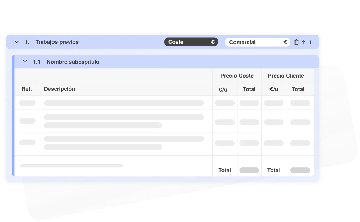 Interfaz de tabla de costos con encabezados Trabajos previos y Nombre subcapítulo, columnas para referencia, descripción, precio coste y precio cliente en euros por unidad y total.