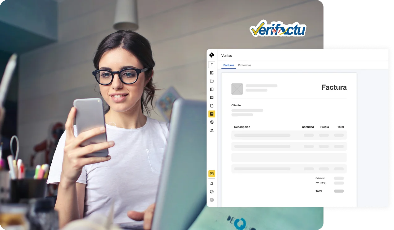 Mujer con gafas usando un teléfono móvil y una computadora portátil, con una interfaz digital que muestra una factura y el logo de Verifactu.