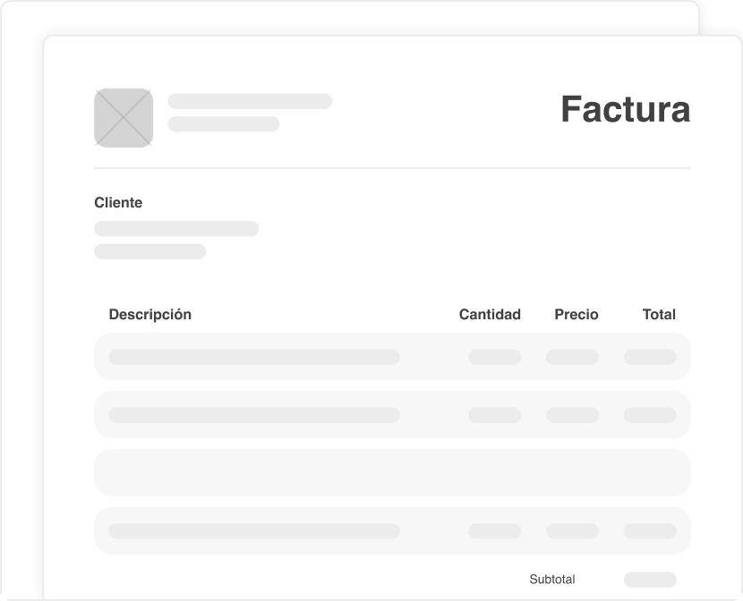 Factura con campos de cliente, descripción, cantidad, precio, total y subtotal, con texto desenfocado.