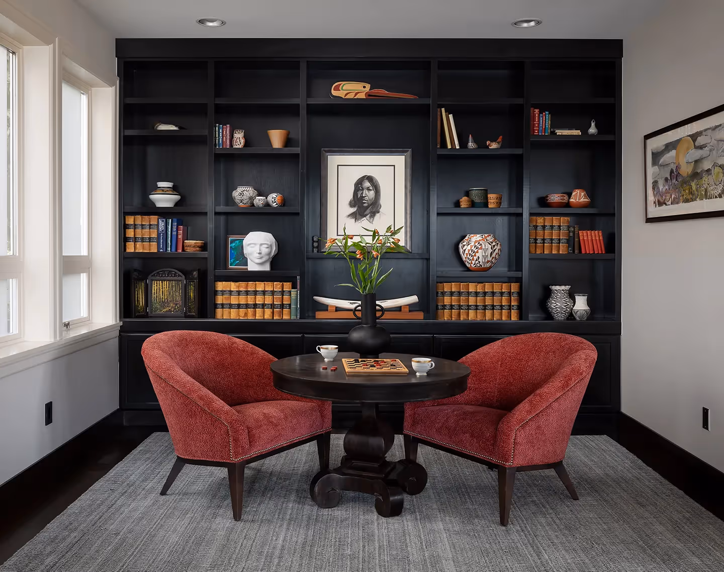 A serene living room, bedroom, and library refresh in Seattle's Madrona neighborhood — water-inspired palette, custom fiber art, and bespoke furnishings.