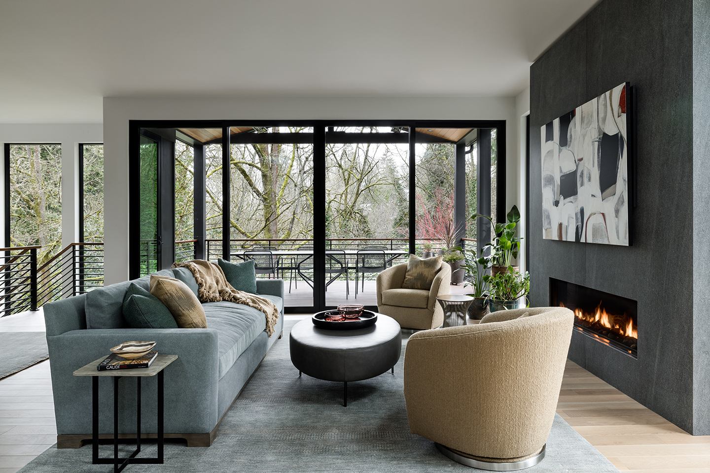 A Zen-inspired full remodel of a mid-century modern home in North Seattle — bookmatched cabinetry, quartzite countertops, and custom furnishings.