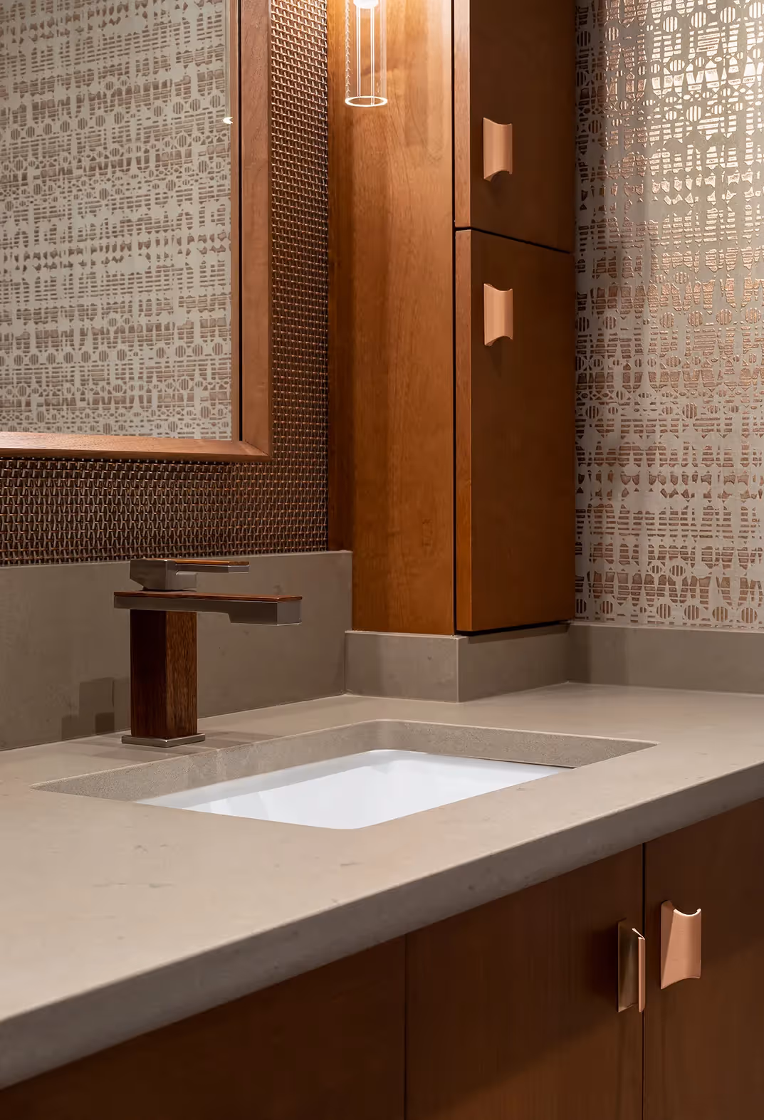 A luxe hall bathroom remodel in Sunset Hill, Seattle — mixed metals, African mahogany cabinetry, and a custom shower curtain doubling as a powder room.