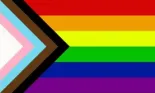 Progress Pride flag featuring chevron with black, brown, light blue, pink, and white stripes alongside traditional rainbow stripes.