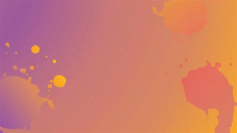 Abstract background with gradient blending from purple on the left to orange on the right, featuring scattered paint splatters in yellow and red hues.