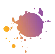 Gradient purple and orange paint splatter with various sized droplets on white background.