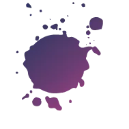 Purple and pink ink splatter with varying sized drops on a white background.