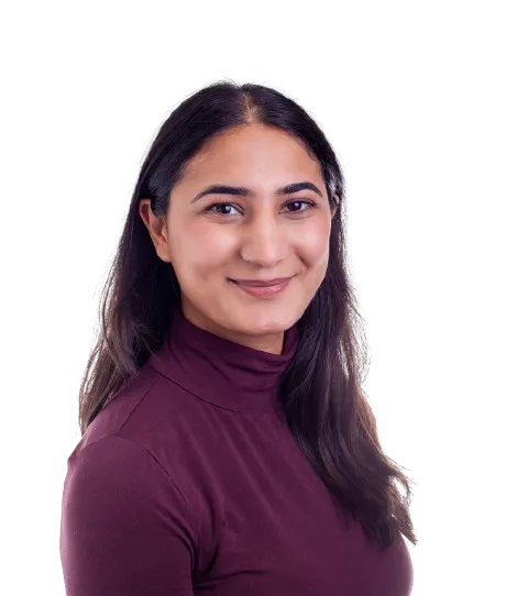 Smiling woman with long dark hair wearing a maroon turtleneck sweater on a transparent background.