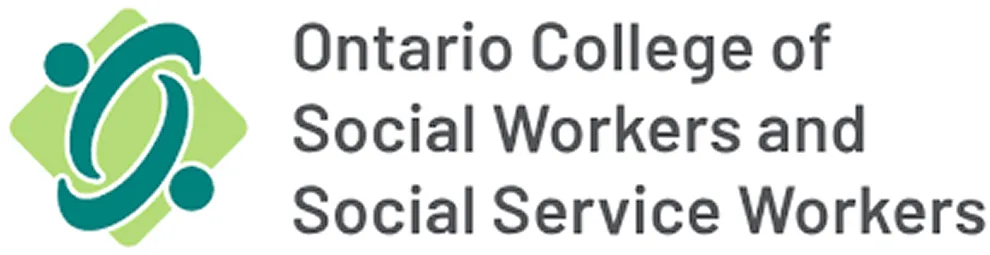 Logo of Ontario College of Social Workers and Social Service Workers with abstract human figures forming a circle on a green diamond background.