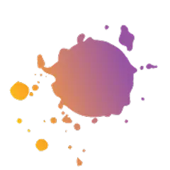 A gradient paint splatter blending orange and purple colors with smaller splatters around it.
